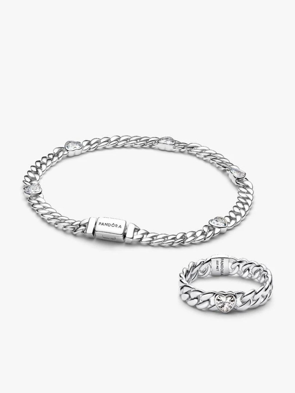 Pandora Silver Heart Cuban Chain Bracelet & Ring Set